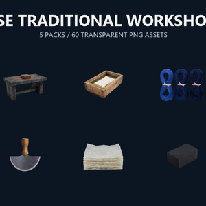 和風 伝統工房シーン小物バンドル 5商品60PNGセット / Japanese Traditional Workshop Props Bundle - 60 PNG Set