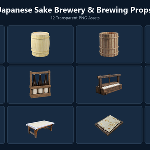 和風 酒蔵・日本酒醸造シーン小物 12PNGセット / Japanese Sake Brewery & Brewing Props - 12 PNG Set