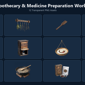 和風 薬屋・調剤工房シーン小物 12PNGセット / Japanese Apothecary & Medicine Preparation Workshop Props