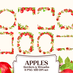 Watercolor Apple Border Pack- 300DPI PNG