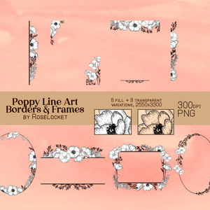 Botanical Line Poppy Borders- Transparent PNG Set
