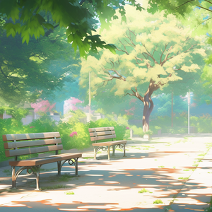 緑多めな公園、ベンチ。背景素材１～７