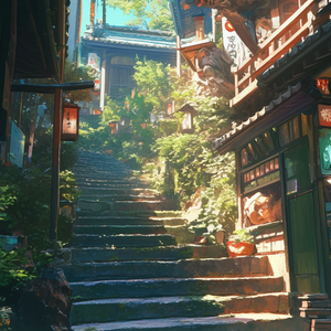 神社。ファンタジー日本の田舎の階段の背景素材１～１３