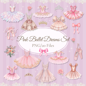 🦢 Pink Ballet Dreams Set｜可憐なピンクのバレエ衣装コレクション ＊ トウシューズ・ティアラ・花束入り（PNG）