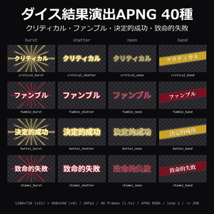【TRPG素材】ダイス結果演出APNG 40種｜クリティカル・ファンブル・決定的成功・致命的失敗ほか10語×4スタイル【ココフォリア/CoC】