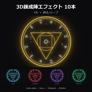 【3D錬成陣エフェクト】5色×錬成/ループ 10本｜透過WebM＋黒地MP4・OBS/動画編集対応【配信素材/TRPG】