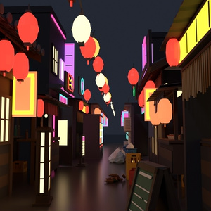 居酒屋横丁・ネオンの夜 ローポリ3Dモデルパック 15点｜発光マテリアル収録