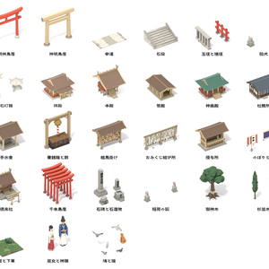 神社・境内 ローポリ3Dモデルパック 28点｜鳥居・拝殿・本殿・千本鳥居