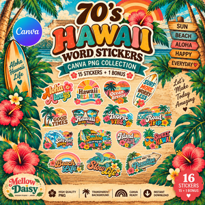 【Canva対応】７０年代ハワイアンシリーズワードステッカー70’s HAWAII WORD STICKERS｜レトロハワイアン PNG素材 15枚＋BONUS 1枚
