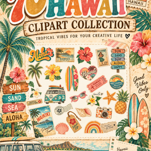 【Canva対応】７０年代ハワイアンシリーズクリップアート70’s HAWAII CLIPART COLLECTION｜背景透過PNG 26点
