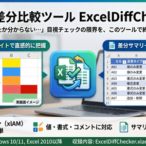  Excel差分比較ツール (ExcelDiffChecker) 「どこが変わったか分からない…」目視チェックの限界を、このツールで終わらせましょう。