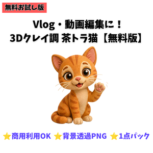 【無料お試し版】3Dクレイ調 茶トラ猫素材パック（背景透過PNG・1種）