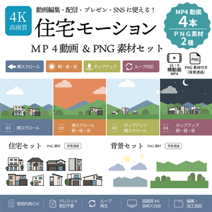 【4K】住宅モーション素材｜MP4動画4本＋PNG素材｜横スクロール・ポップアップ・朝昼夜｜動画編集・配信・SNS・商用利用OK