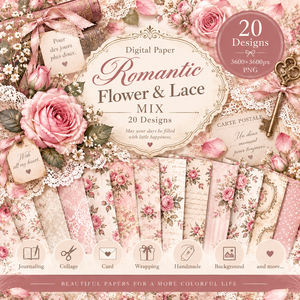 大人かわいい Romantic Flower & Lace デジタルペーパー20枚セット｜ローズ・レース・アンティーク｜3600×3600px PNG素材