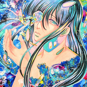 手描きイラスト オリジナル 青薔薇男の子 A4