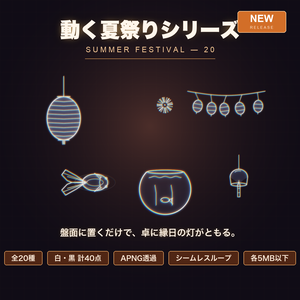 【CCFOLIA対応】動く夏祭りシリーズ 20種｜金魚/提灯/花火/かき氷/蛍…白線・黒線の透過アニメ装飾【APNG】