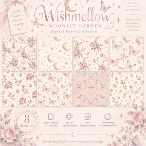 【デジタルペーパー8枚】Moonlit Garden｜月・花・蝶の幻想的なシームレス背景素材｜Wishmellow