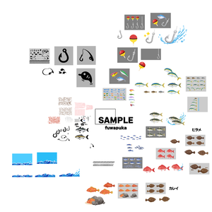かわいい魚と釣り道具のイラスト素材_ベクター