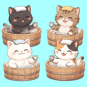 【背景透過】温泉にゃんこの離席・休憩画面素材セット【お風呂行ってきます/4毛色・湯呑み・文字ありなし/大小/反転・単品版全部付き】