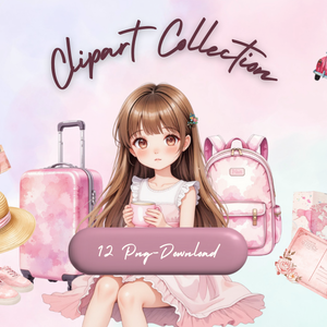 水彩ピンクの小旅行クリップアートセット（全12点）｜PNG Watercolor Pink Weekend Trip Clipart Set (12 PNGs)