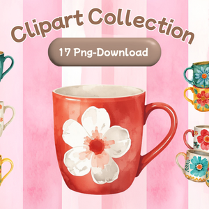 水彩花柄マグカップ クリップアートセット（全17点）｜PNG Watercolor Floral Mug Clipart Set (17 PNGs)