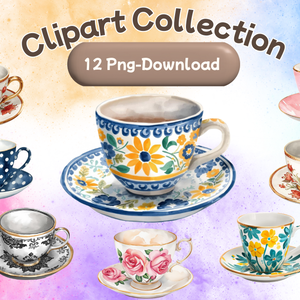 水彩ティーカップ コレクション（全12点）｜  Watercolor Teacup Clipart Collection (12 PNGs)