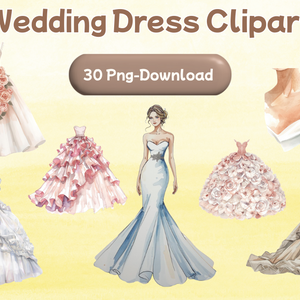 水彩フリルウェディングドレス クリップアートセット（全30点）｜ Watercolor Frilly Wedding Dress Clipart Set (30 PNGs)