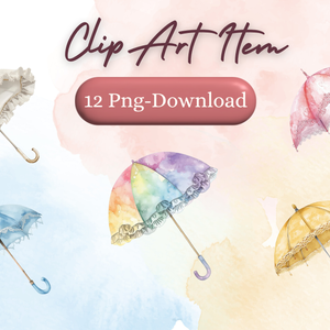 水彩風 フリル傘 コレクション（全12点 PNG）｜Watercolor Frilled Umbrella Clipart Collection (12 PNGs)