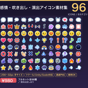 感情・吹き出し・演出アイコン素材集（全96種・透過PNG）