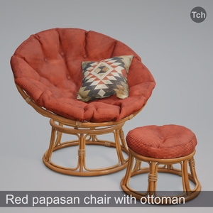 Red papasan chair with ottoman (3D) | 赤いパパサンチェアとオットマン（3D）