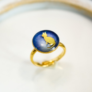 猫のRing　ブルー×ブルーホワイト　ゴールド金具　フリーサイズ