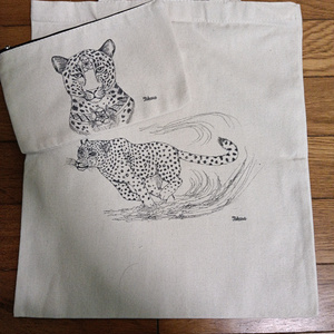 風とヒョウ エコバッグ＆ポーチセット 手書き一点物