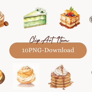 【カフェデザート・水彩クリップアートセット　10点】アンティーク可愛いレトロスイーツ／背景透過PNG