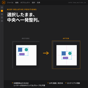 center_keep_positions.jsx（両方向）center_horizontal.jsx（水平方向のみ）center_vertical.jsx（垂直方向のみ）スクリプト for Adobe Illustrator