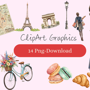 水彩タッチのパリ風クリップアート（全14点セット／PNG）／Watercolor Paris Clip Art Set