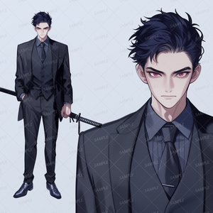 【ファンタジー】刀を携える黒い短髪赤眼のスーツの男性