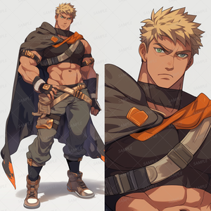 【ファンタジー】黒いマントの筋肉質な金髪の褐色男性_立ち絵