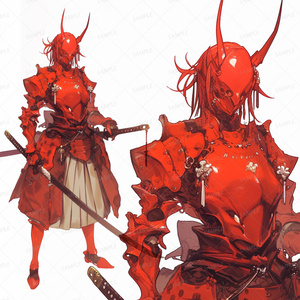 【和風】赤い角兜と鎧の二刀流女武者_立ち絵