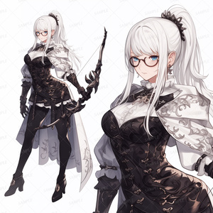 【ファンタジー】白髪ポニーテール眼鏡の弓使い女性_立ち絵