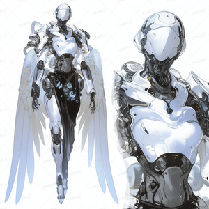 【メカ】白い装甲と黒い布をまとった天使型ロボット_立ち絵