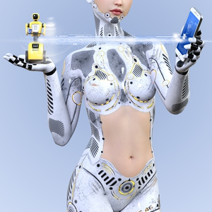 女性型ヒューマノイドがスマートフォンでロボットを操作