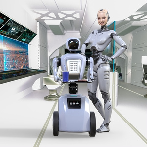 宇宙船内でヒューマノイドロボットがワーキングロボットの肩に手を置き微笑む