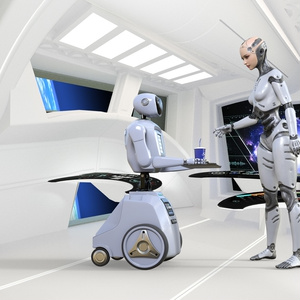 宇宙船内でヒューマノイドロボットとワーキングロボットが会話をしている