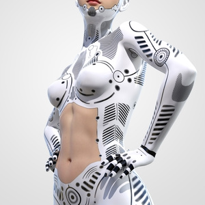 未来型AI女性ヒューマノイドが腰に手をあて見上げる