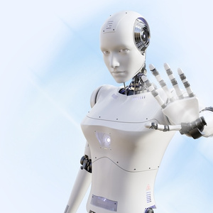 SF的な未来型AIヒューマノイドがストップのポーズをする
