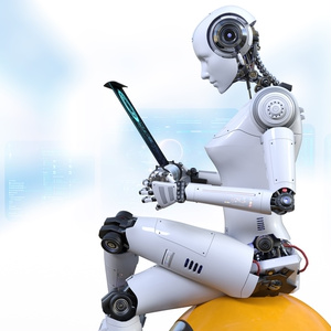 ヒューマノイドロボットが座りポーズでタブレットを操作している