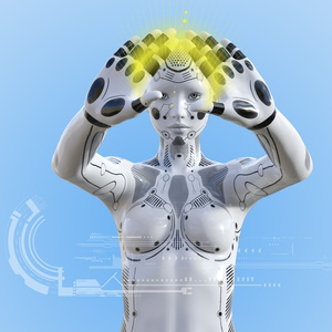 ヒューマノイドロボットが両手を顔の前で合わせ光線を出す