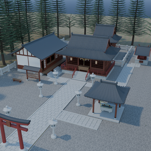 山上神社・境内セット｜木と石の五棟・昼と夕景【Blender / Unity Built-in / FBX / GLB】