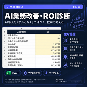 AI業務改善ヒアリング・ROI診断キット｜自動化候補・投資回収月数を可視化【Excel】