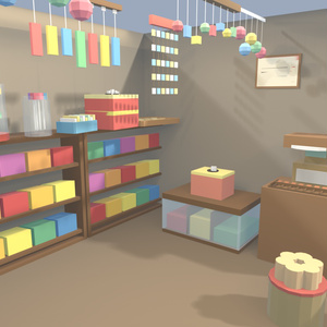 【VRChat想定】駄菓子屋セット 35点 ｜ ローポリ和風・昭和レトロ（店構え/陳列棚/冷蔵ショーケース/ラムネ/くじ/ガチャ/吊り物 一式）